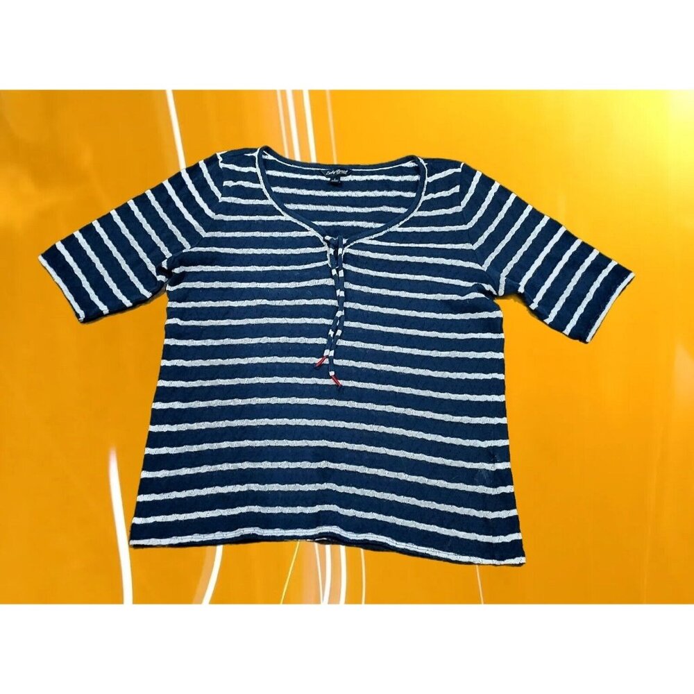 Lucky Brand Striped V-Neck Shirt Women’s Large Blue White Nautical